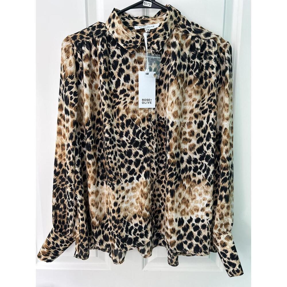 Rose Olive Cheetah Animal Print Button Cuff Pleated Mock Neck Blouse NWT Small